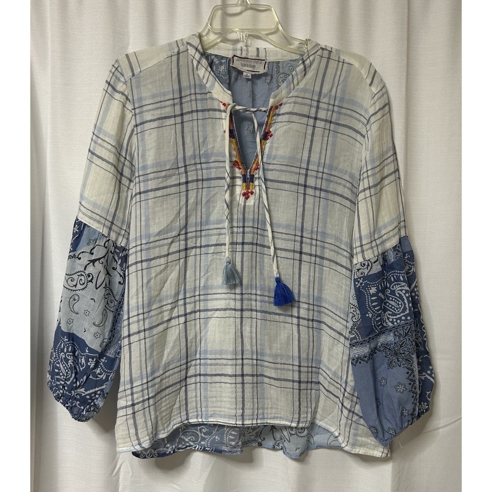 Johnny Was Workshop Blue Bandana and Paisley Top Embroidered Boho S Lightweight